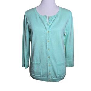 Talbots Cardigan Mint Green Pima Cotton Pocket Button Front Sweater Small
